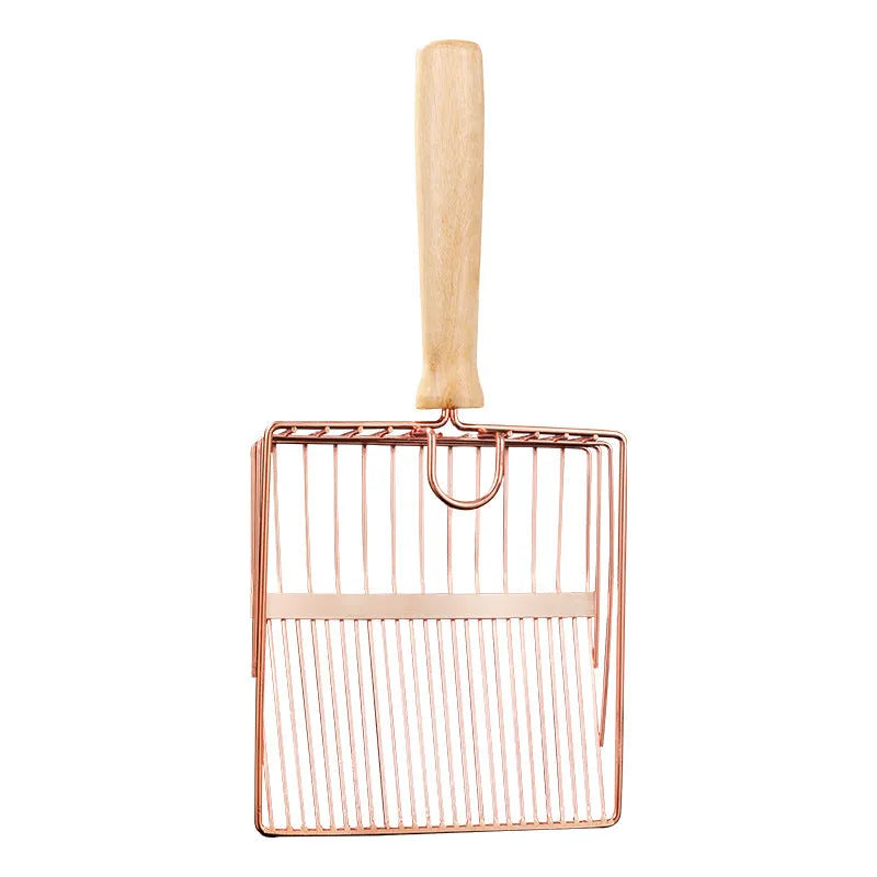 Stainless steel cat litter shovel with wooden handle showing screen filtration area and sharp edges