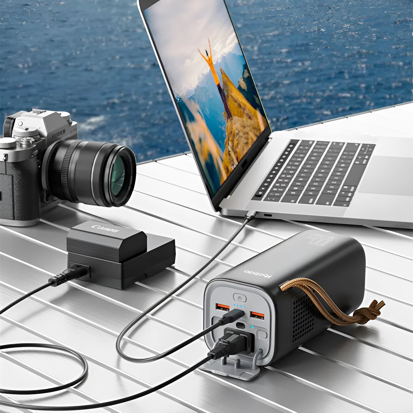 Black portable power bank with digital display, solar panel, and 220V AC outlets for outdoor use.