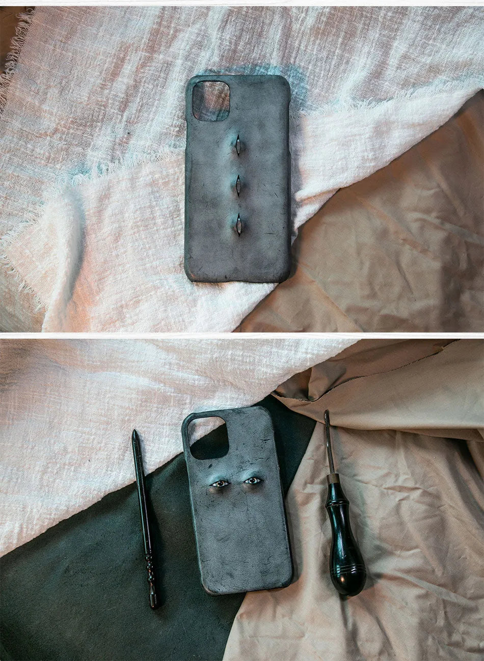 Vintage distressed cowhide leather phone case with textured grip, compatible with iPhone models 15 to 8 Plus, single eye style