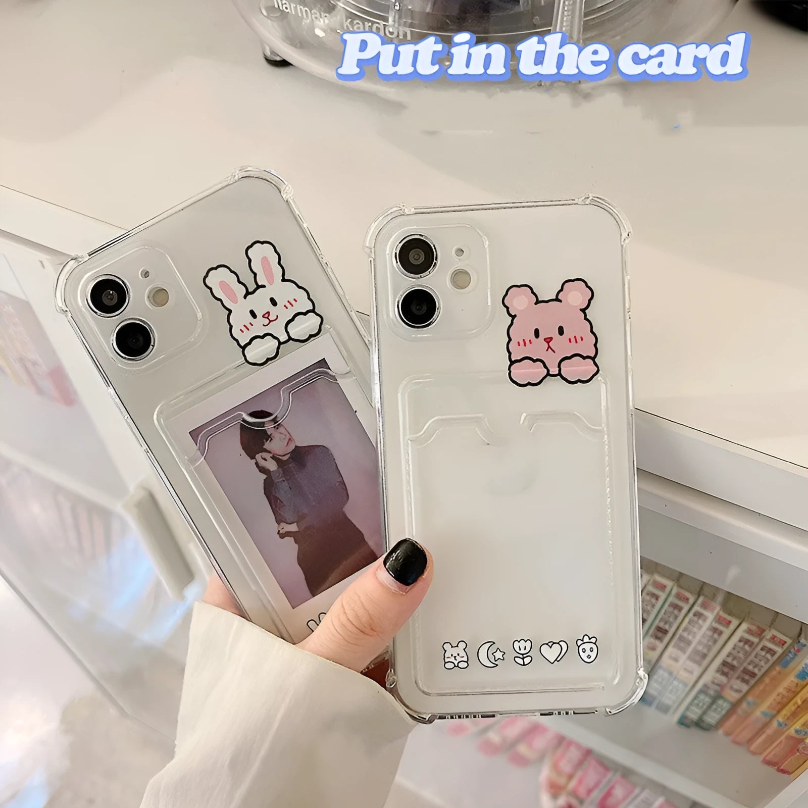 Cartoon design transparent iPhone case with integrated card holder slot in colour BQ2472.
