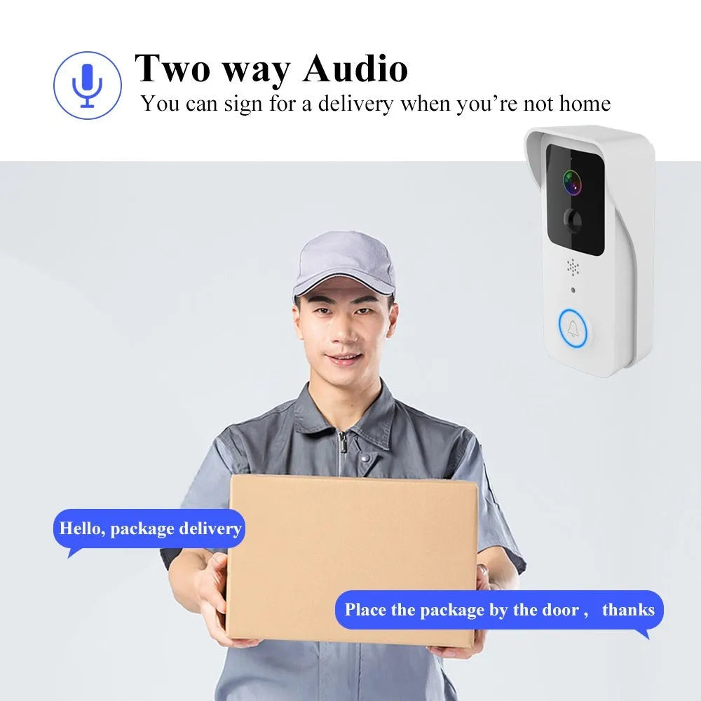 Smart home waterproof visual doorbell with camera and 18650 battery, shown in black and white doodle board designs.