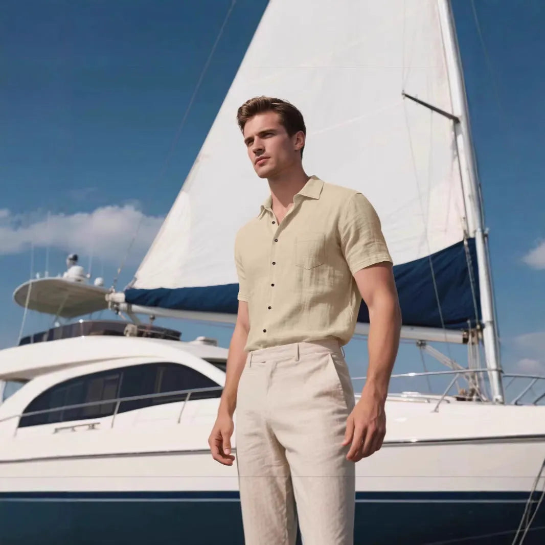 Man wearing a loose-fit, light blue, short-sleeved linen shirt in a cardigan style.