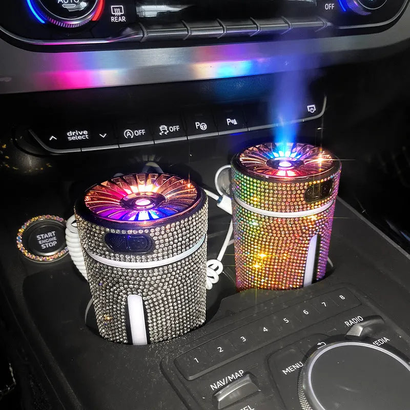 Colourful diamond-style car humidifier with LED lights on a car dashboard