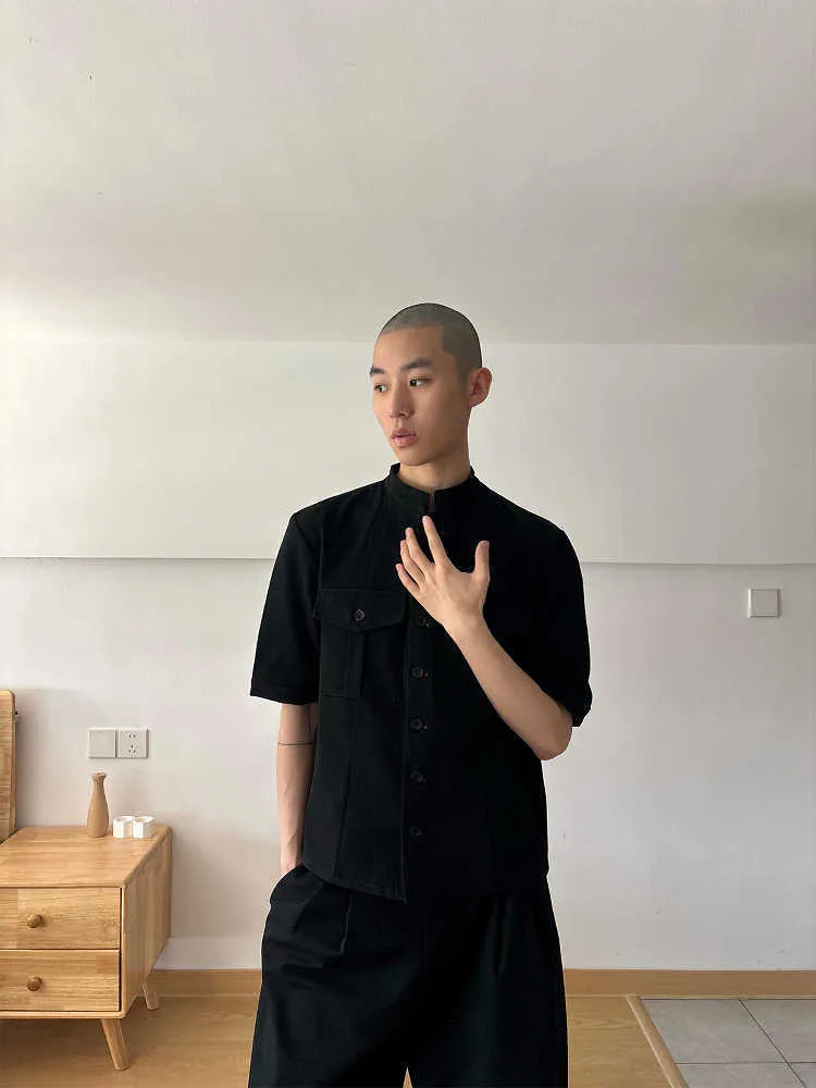 Handmade black half sleeve hunting shirt with shirt collar and single-breasted placket, loose fit design