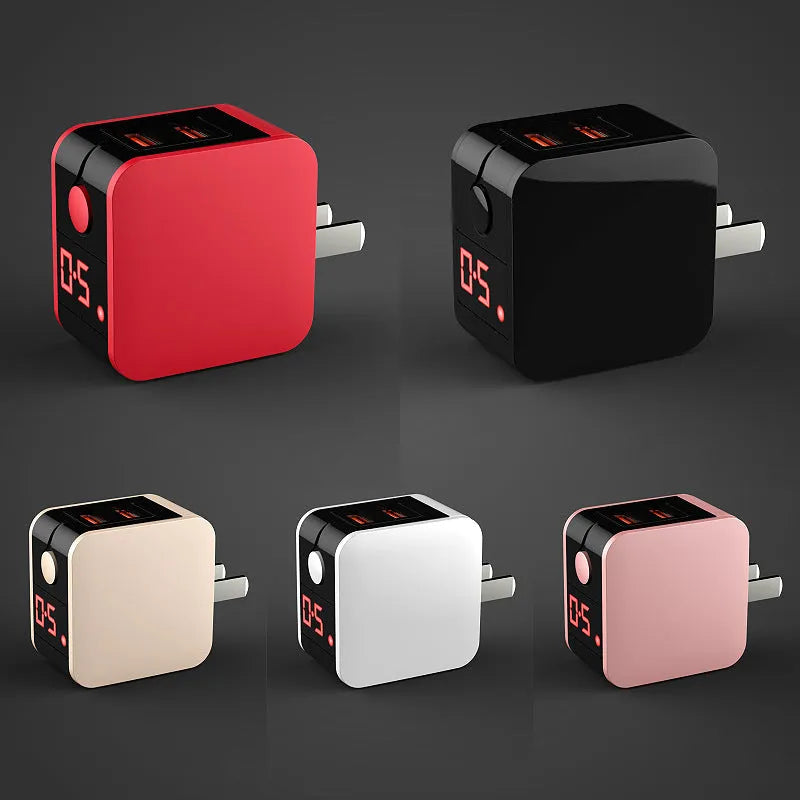 Black 5V2.4A USB travel charger with dual ports and a digital display screen, shown with a US plug.