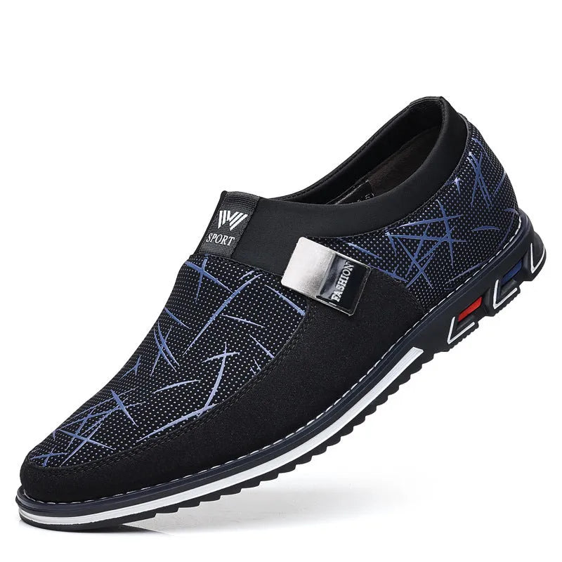 Men's grey and white synthetic leather flat casual shoes with a square toe and rubber sole.