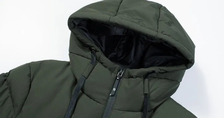 Grey USB electric heated jacket with hood and zipper on a person, outdoor winter background, size M to 7XL available