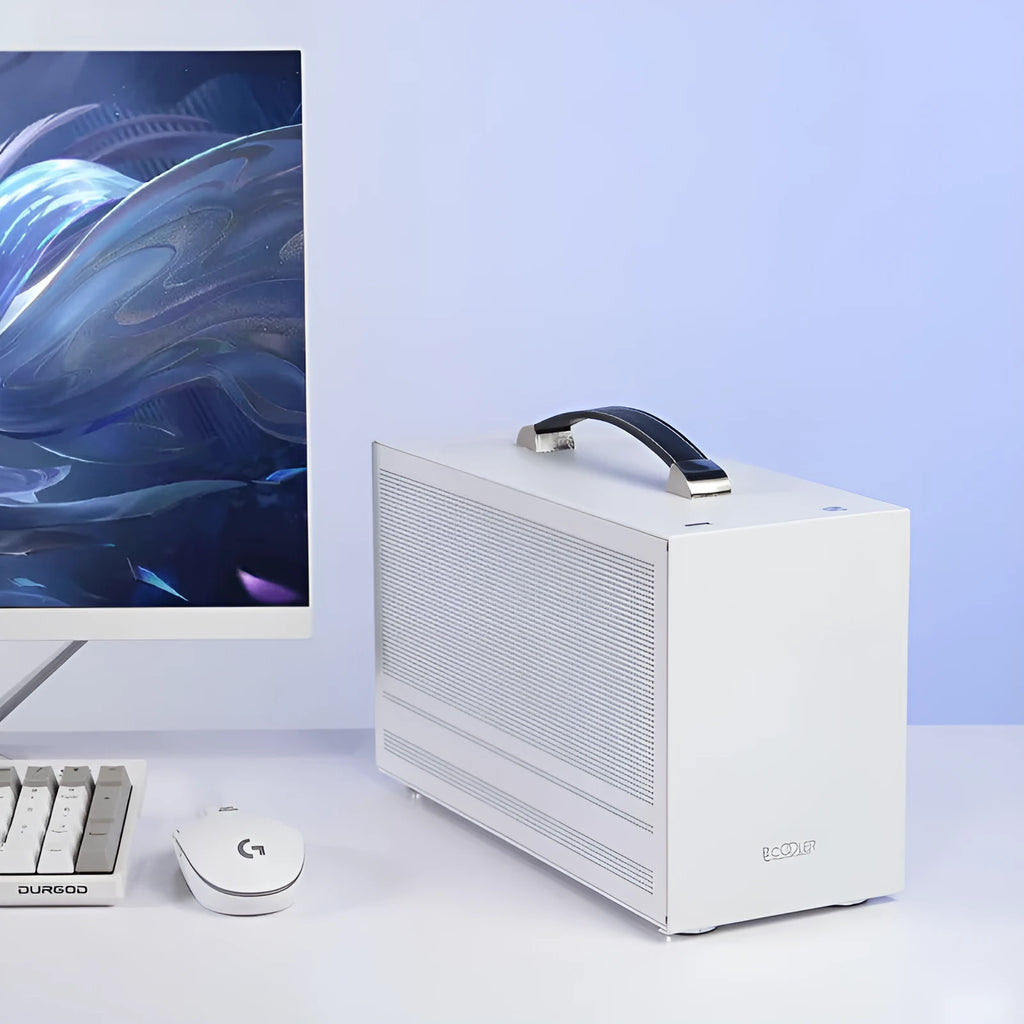 Hummingbird PRO titanium grey and white ITX desktop computer case for mini-ITX motherboard.