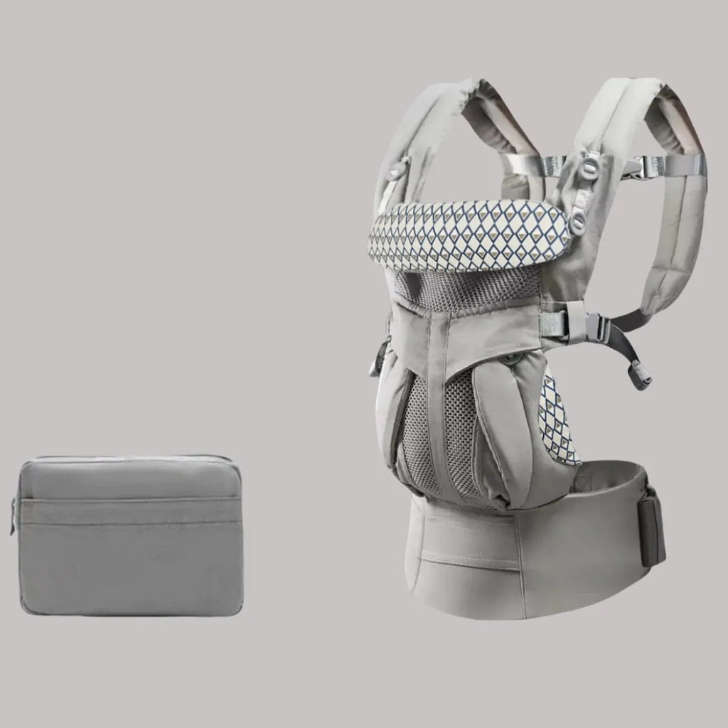 Baby hipseat carrier with waist stool in gray printing colour, polyester material, 20kg capacity
