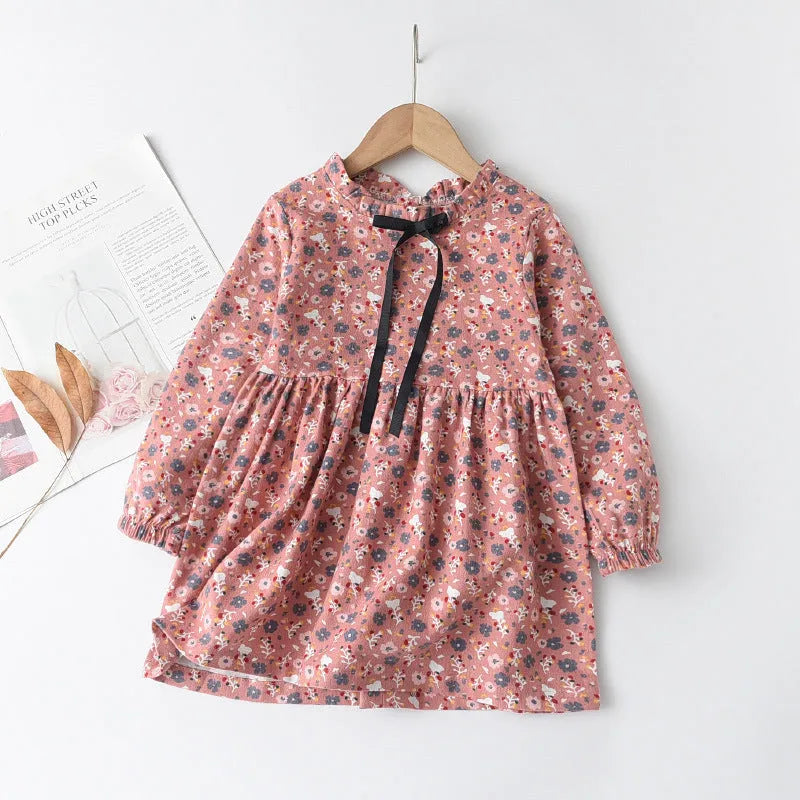 Little floral cotton girls ribbon bowknot dress in princess style with long sleeves available in multiple colours