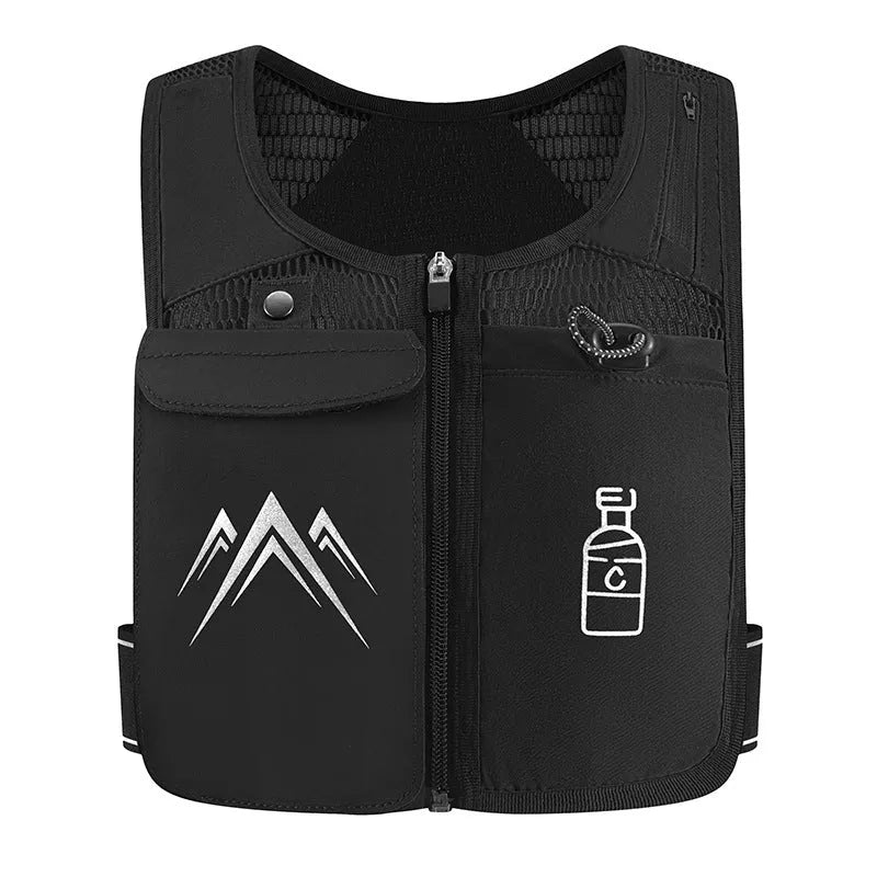 Black breathable mesh running vest with integrated hydration pack and front phone pocket for outdoor sports.