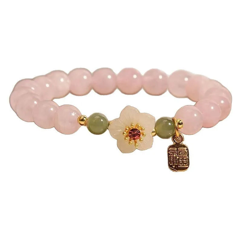 Women's crystal and Hetian jade beaded bracelet with peach blossom charm in blessing card colour