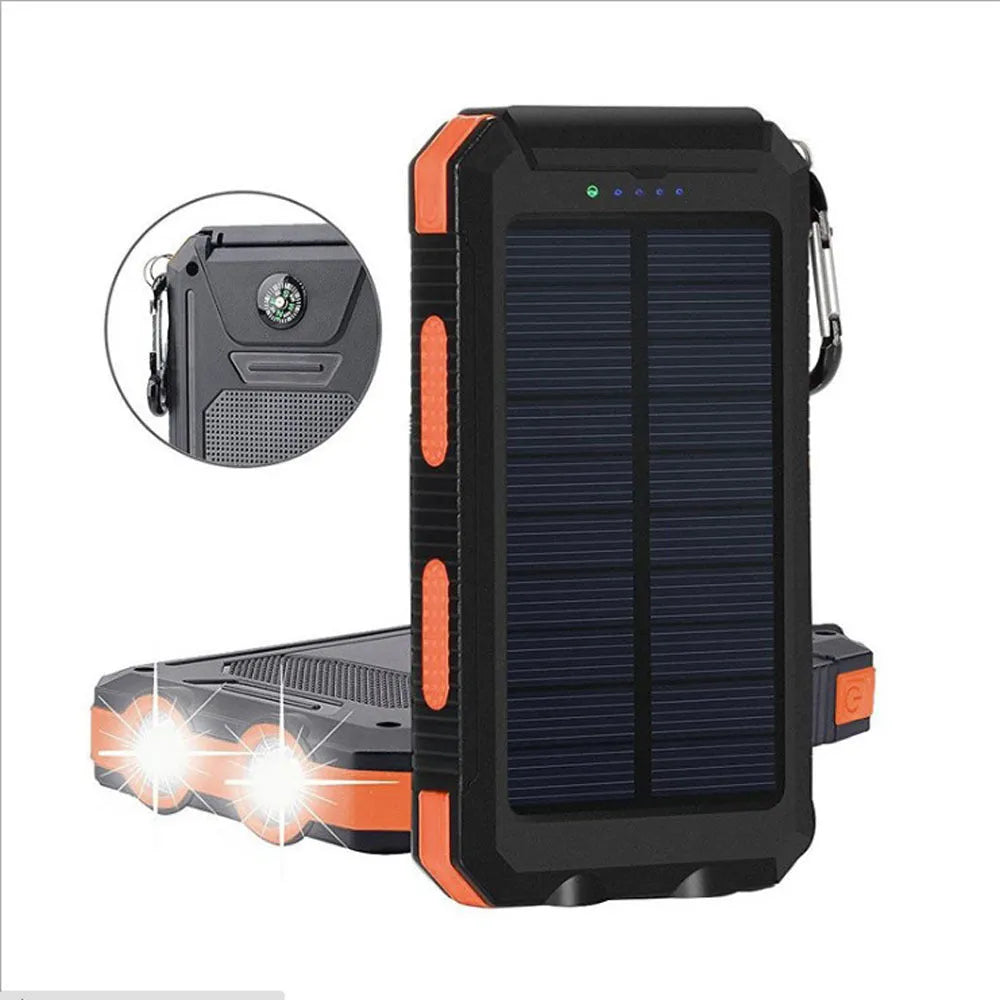 Black solar power bank with 20000mAh capacity showing LED flashlight, compass, and solar panel on casing