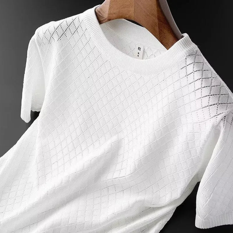 Men's Korean style ice silk t-shirt in black with V-neck, short sleeves, and polyester blend fabric.