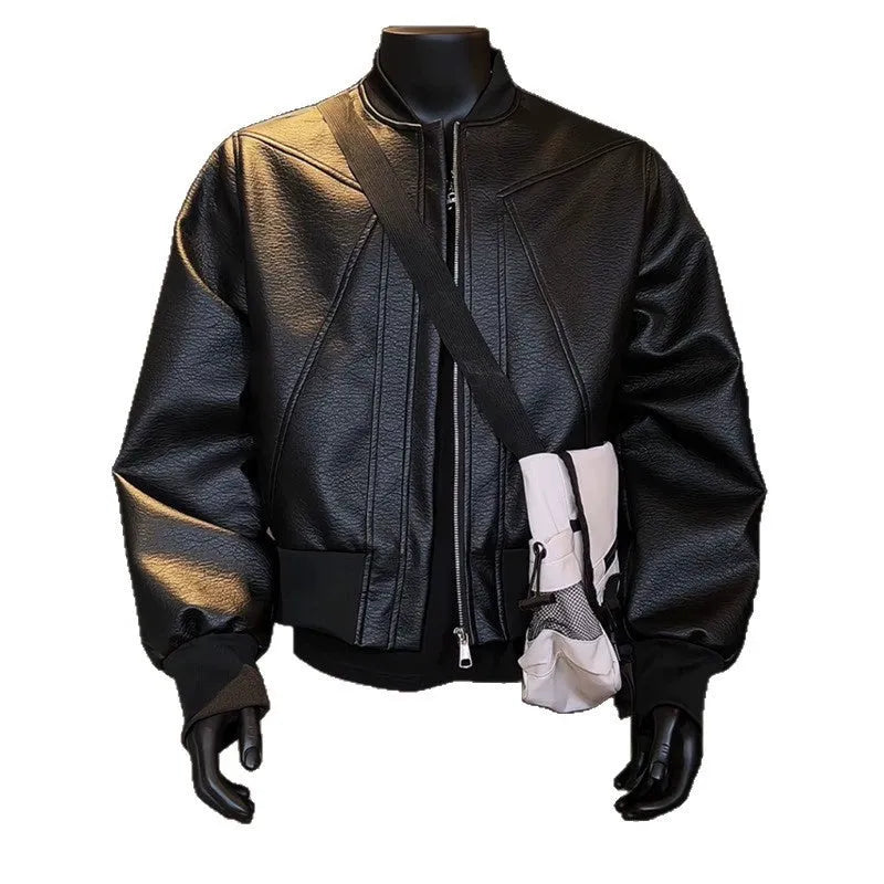 Men's black PU leather business jacket with extended length and slim-fit tailoring on hanger