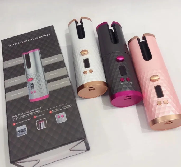 Portable white USB charging mini curling iron with gold ceramic barrel and temperature control dial