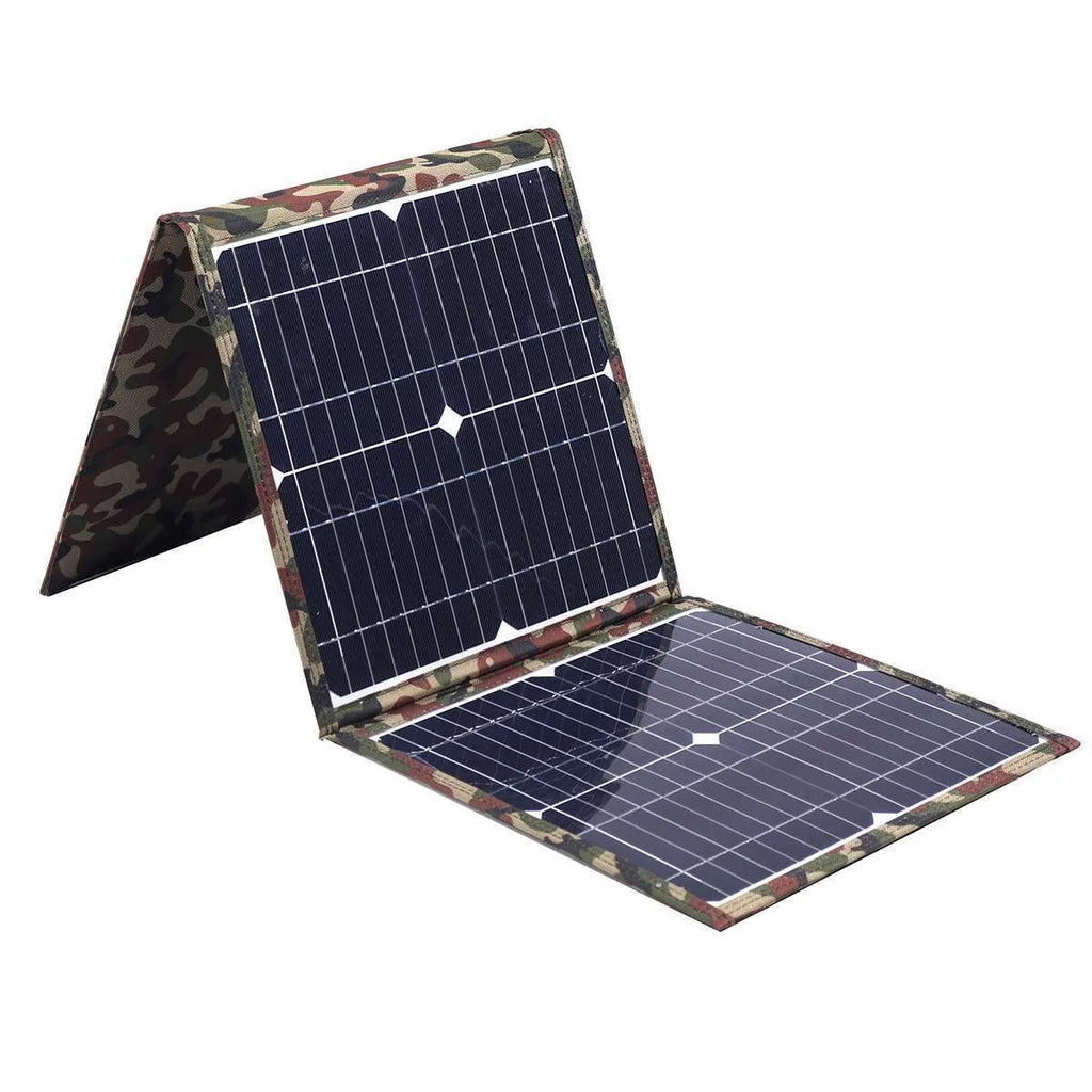 Black foldable portable 36W solar panel unfolded with connected cables and accessories