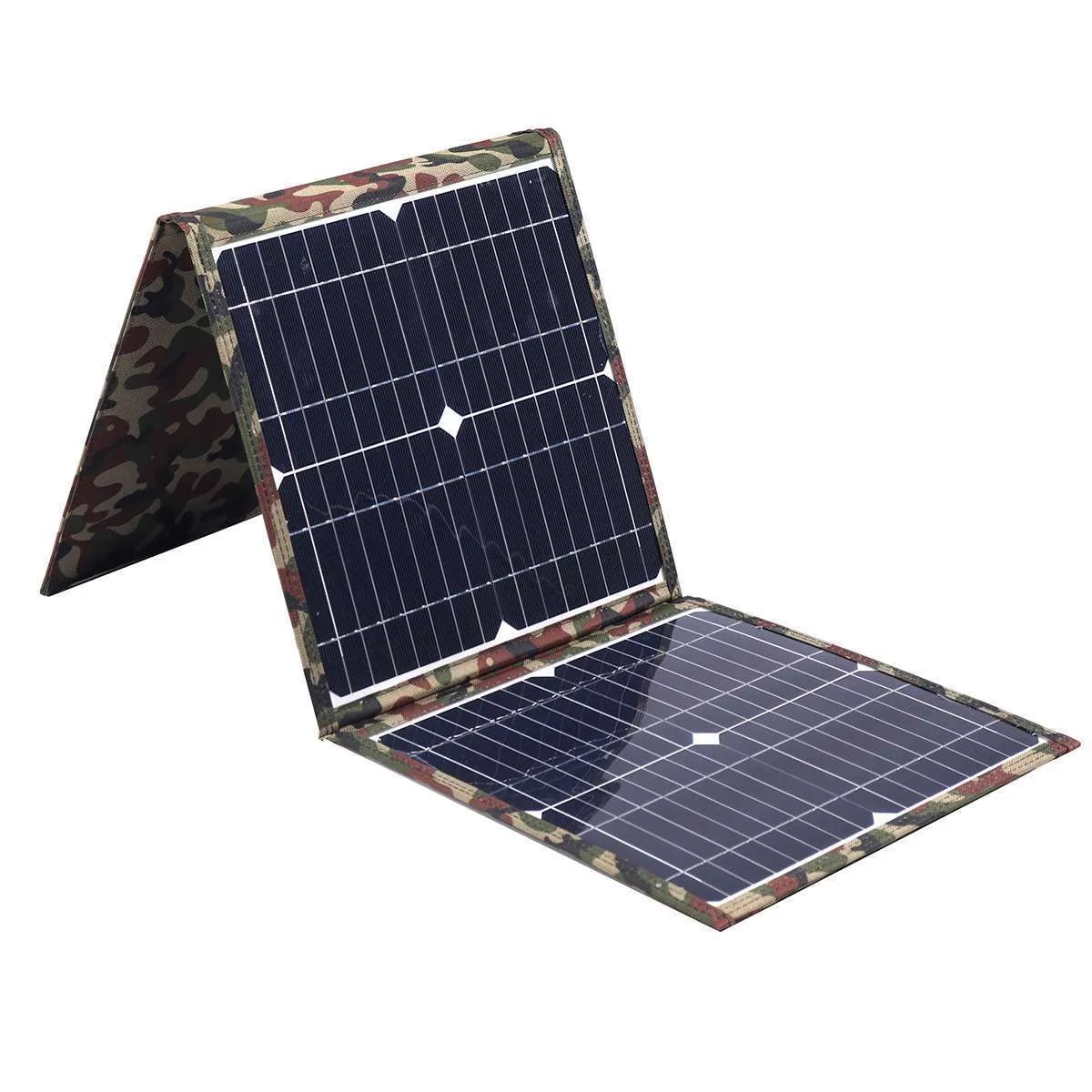 Black foldable portable 36W solar panel unfolded with connected cables and accessories