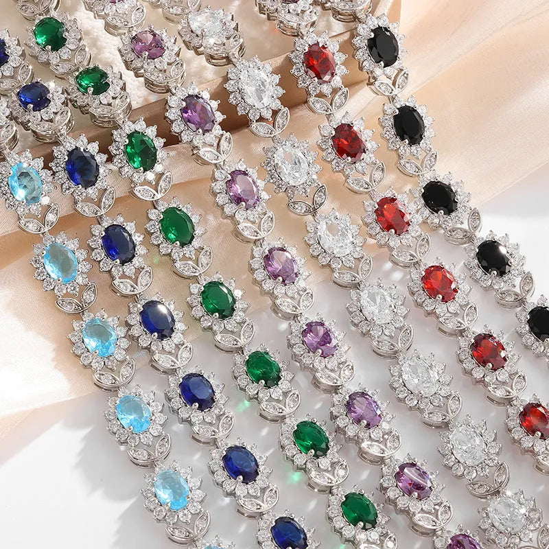 Women's simple zircon bracelet in environmentally friendly alloy with electroplated finish, available in nine gemstone colours