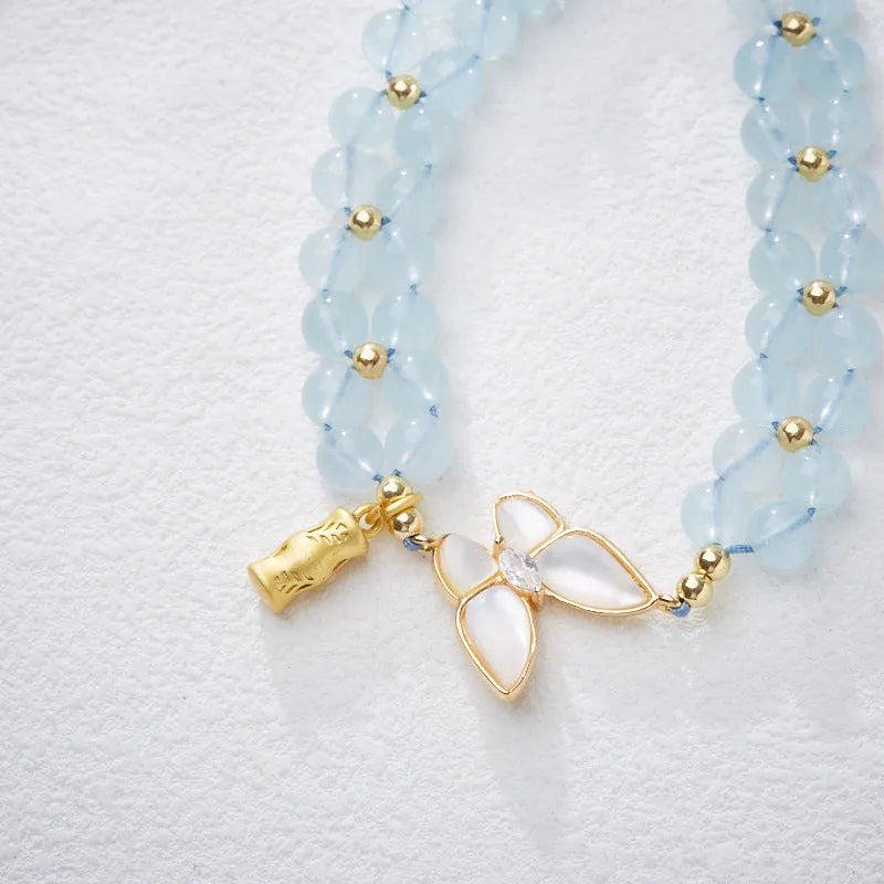 Women's handmade aquamarine butterfly woven bracelet in retro style with 6mm width