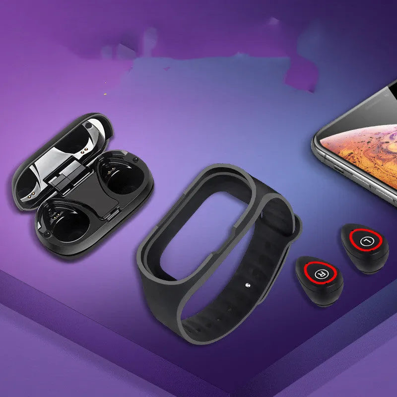 Smart bracelet with integrated wireless earphones showing 1-inch screen and silicone wristband