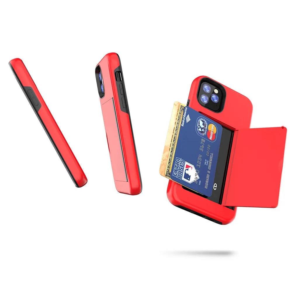 iPhone 11 protective case in six solid colours: black, red, pink, dark blue, blue, and purple.