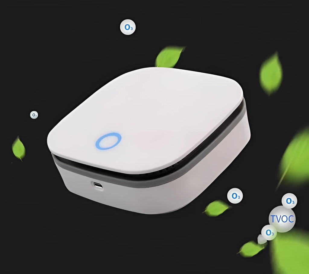 White USB-powered car air purifier with negative ion sterilisation and composite filter.