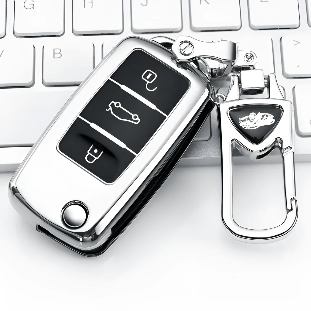 VW Model A car key case buckle set in silver, blue, pink, and red colours, showing TPU material and folding key design.