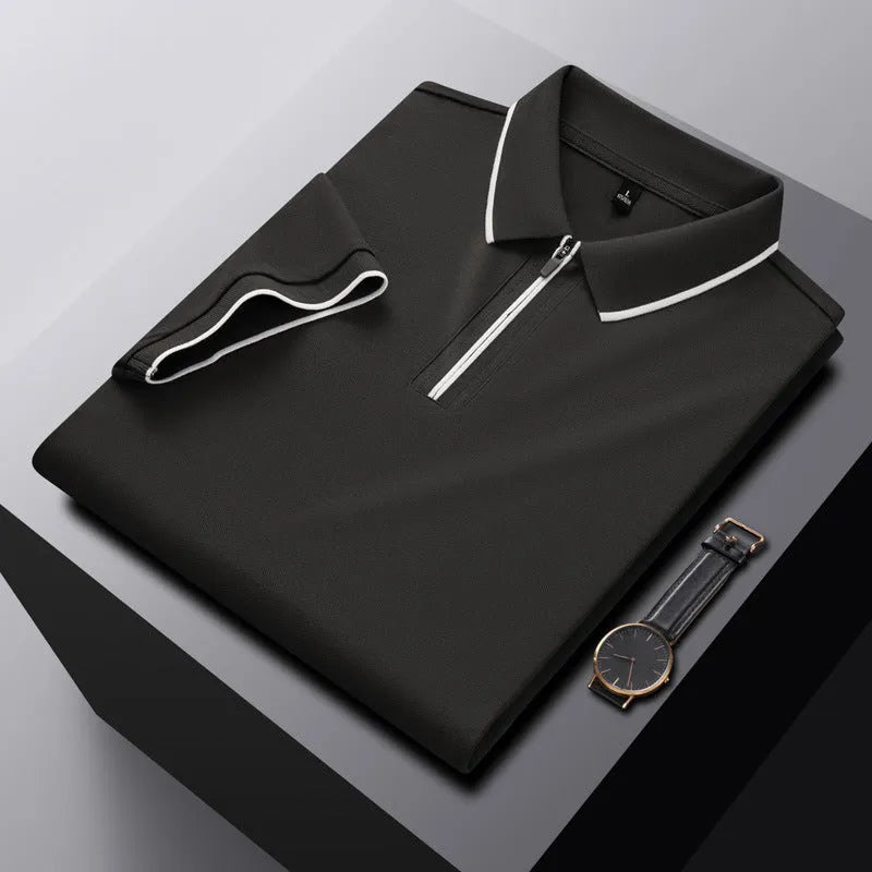 Men's solid colour short sleeve polo shirt in long-staple cotton showing regular fit and zipper detail