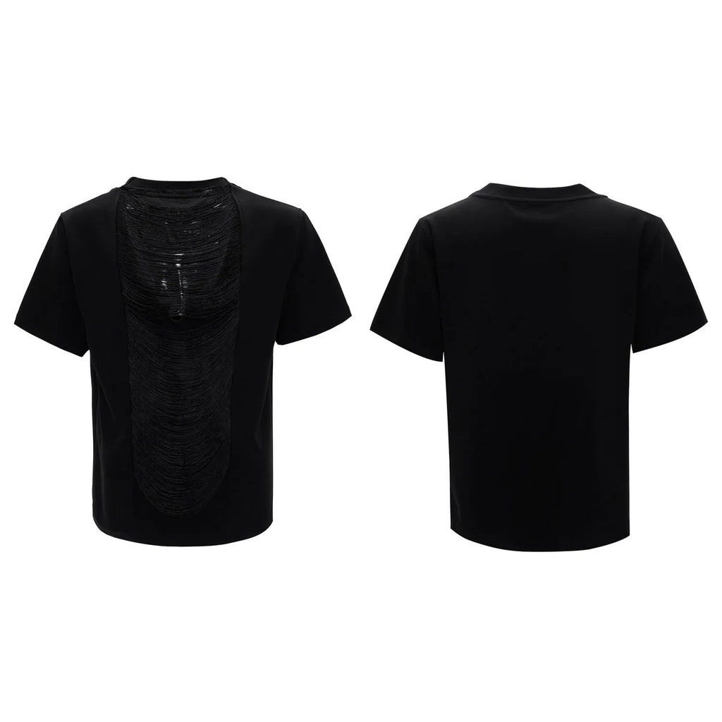 Men's black V-neck loose fit t-shirt with short sleeves and tassel detail