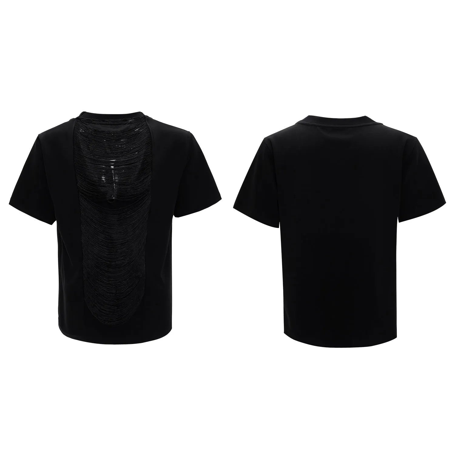 Men's black V-neck loose fit t-shirt with short sleeves and tassel detail