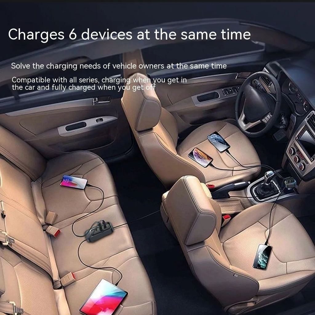 Automatic retractable car charger plugged into a vehicle's cigarette lighter socket with four USB cables extended.