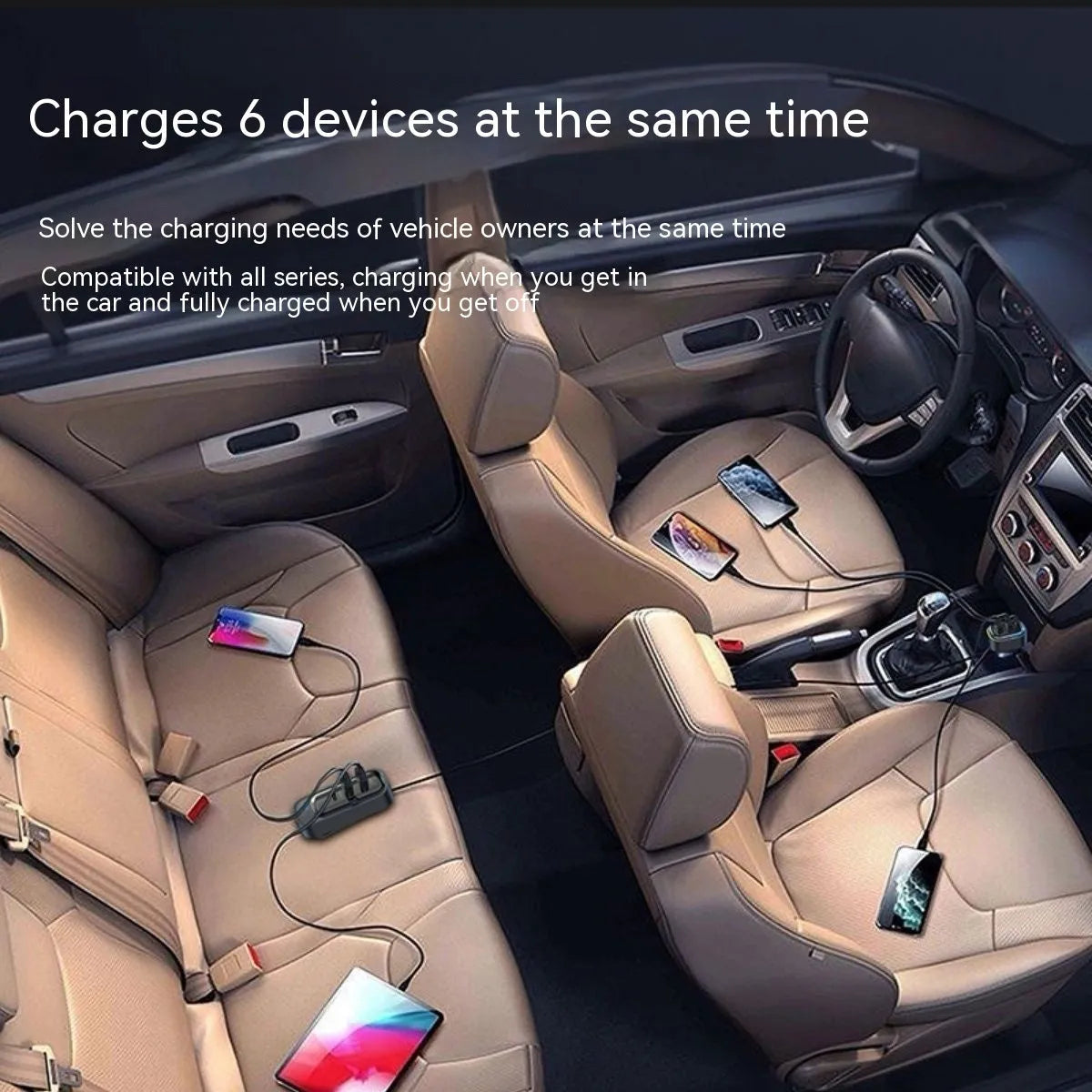 Automatic retractable car charger plugged into a vehicle's cigarette lighter socket with four USB cables extended.