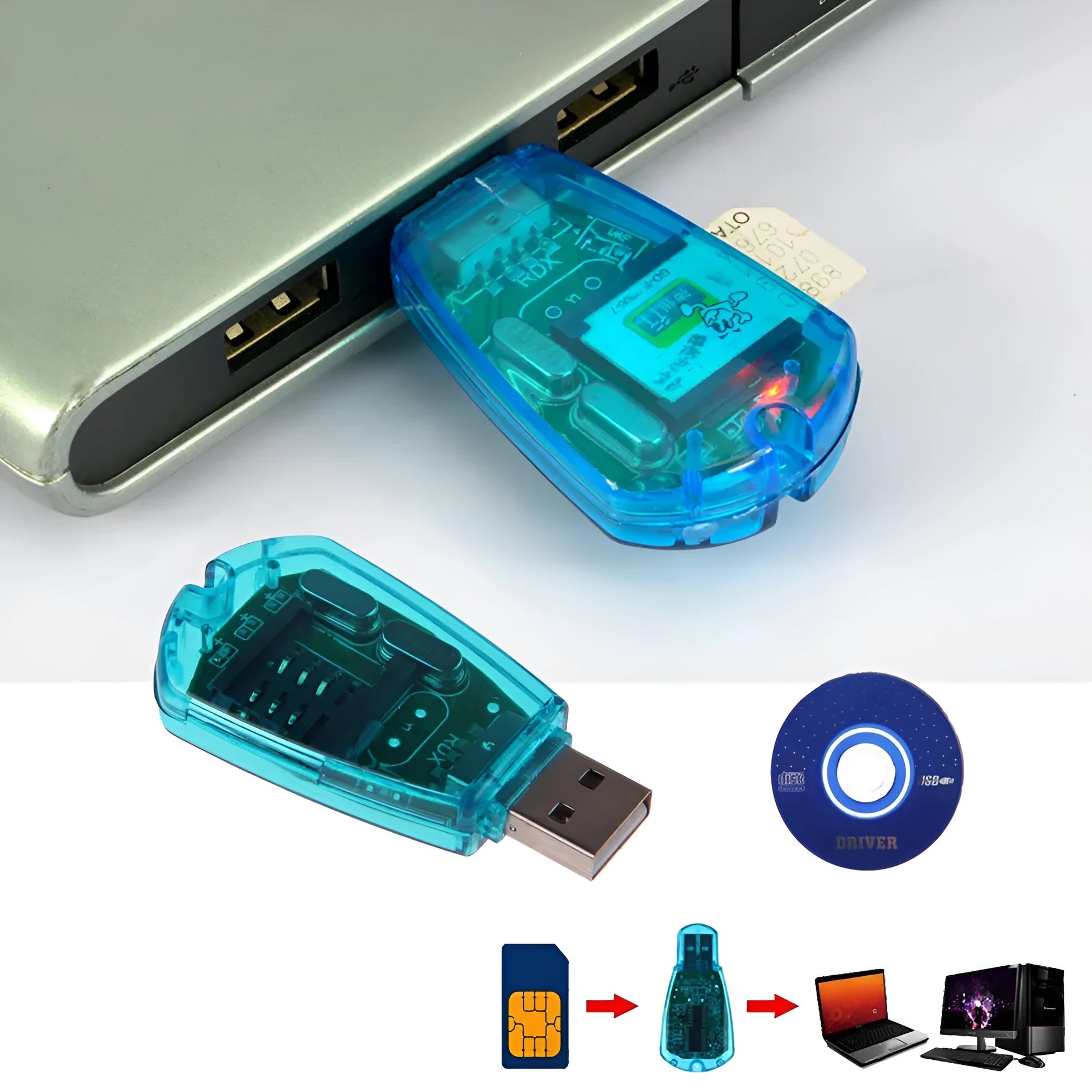 Blue external USB SIM card reader for mobile phone data backup and transfer.