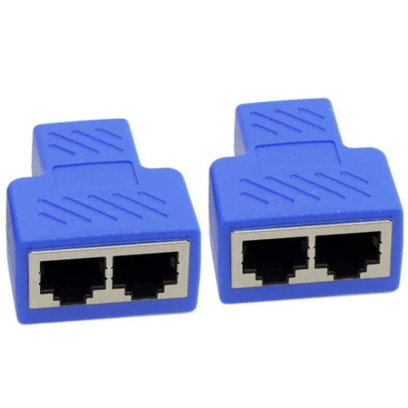 RJ45 network splitter adapter in multiple colours showing one-to-two Ethernet connection