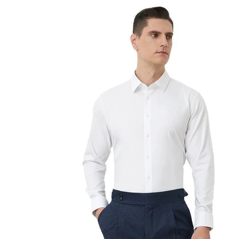 Men's light blue long-sleeved casual shirt with non-ironing bamboo polyester fabric on a hanger.