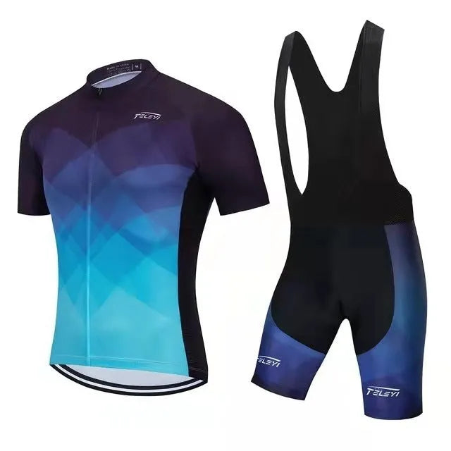 Cycling jersey and pants set for summer biking with moisture-wicking fabric.