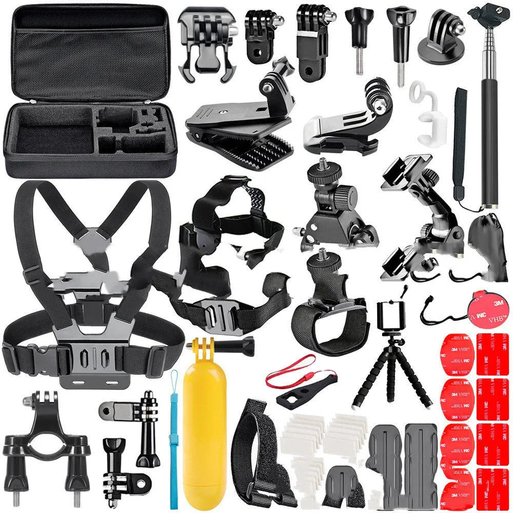 Black GoPro camera chest strap, helmet mount clip, and tripod stand accessory set.