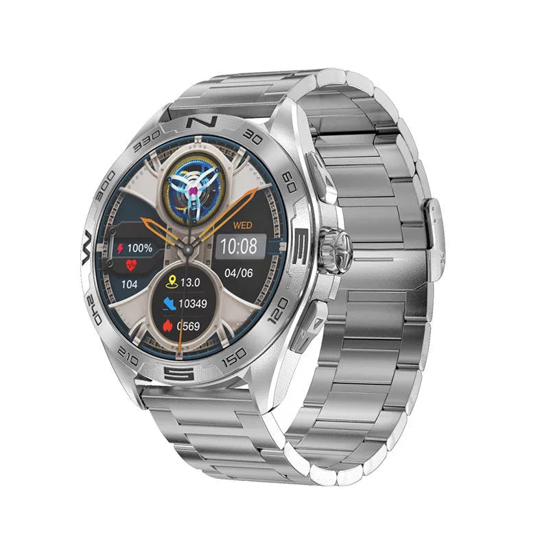 Men's black smartwatch displaying health stats on its screen, showing heart rate and blood oxygen readings.