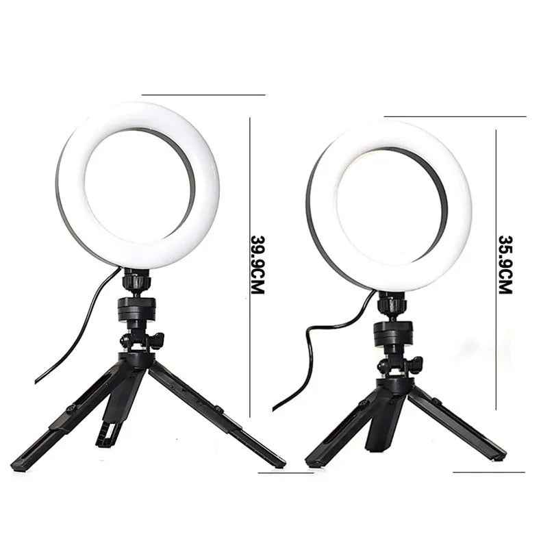 Black desktop mobile phone bracket with adjustable fill light on tripod for video recording
