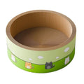 Large round deepening pit cat scratch board made of beige corrugated paper on a wooden floor.