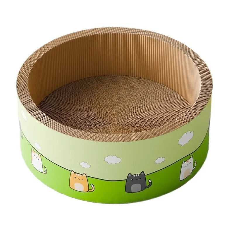 Large round deep-pit cat scratch board made of brown corrugated paper.