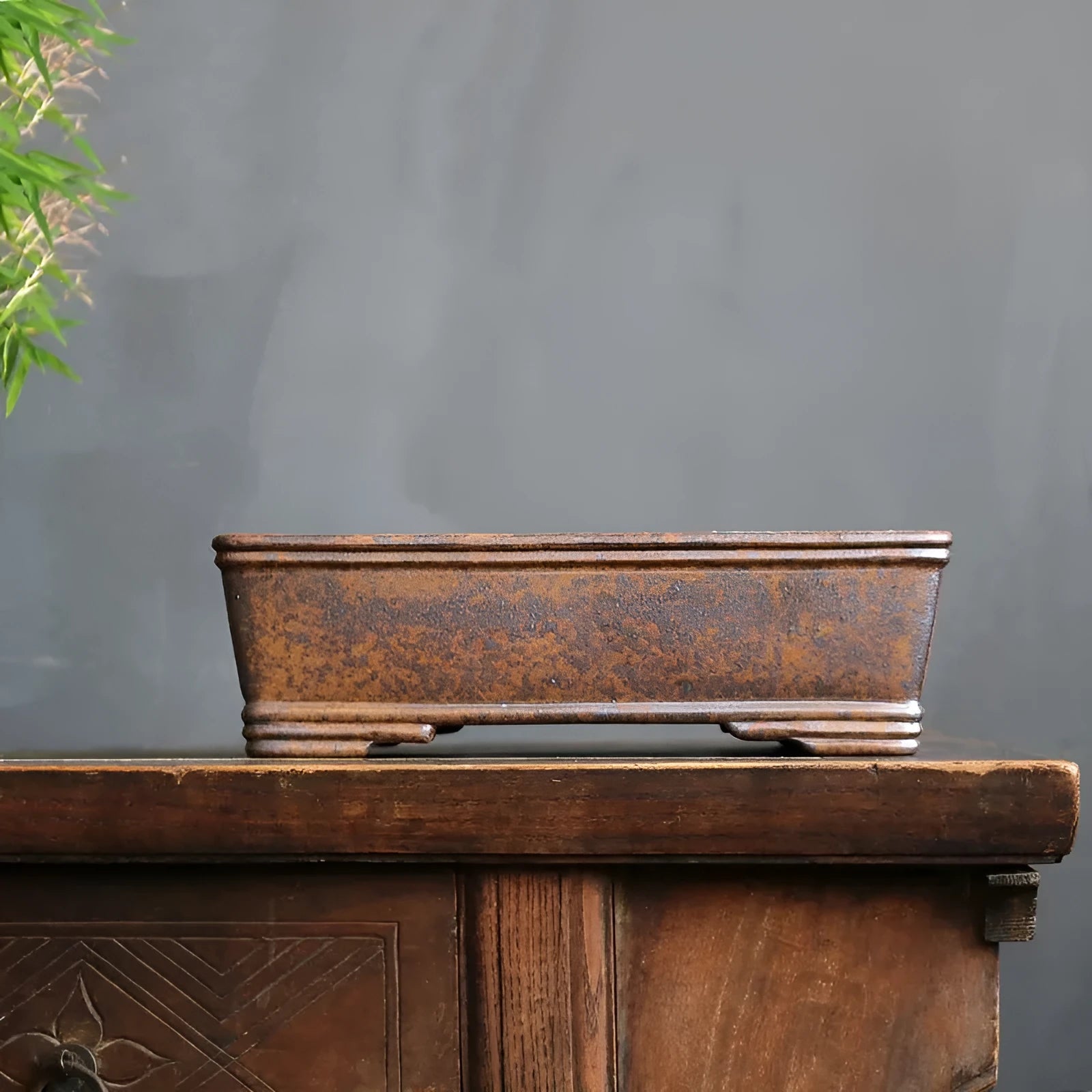 Rectangular purple sand ceramic bonsai flowerpot shown in large and small size options.