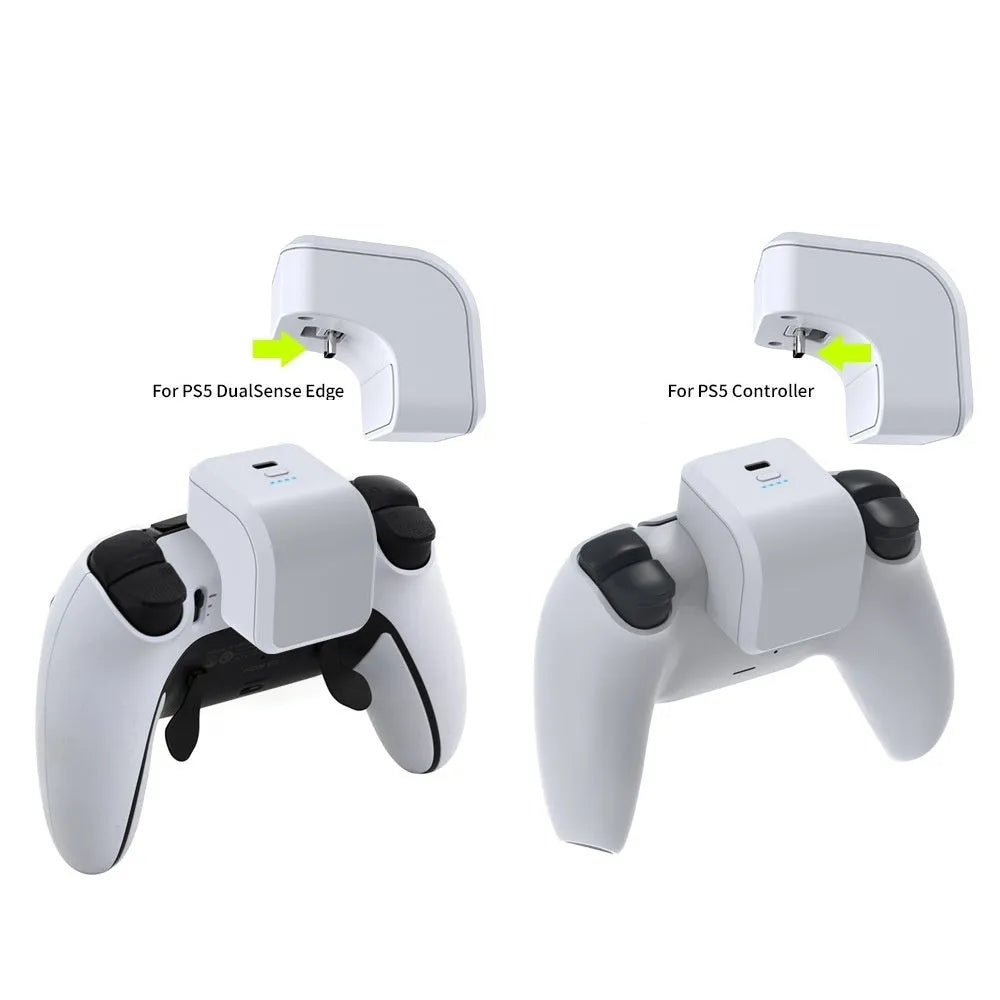White ABS PS5 handle power bank with Type-C port and LED indicator, attached to a PS5 controller