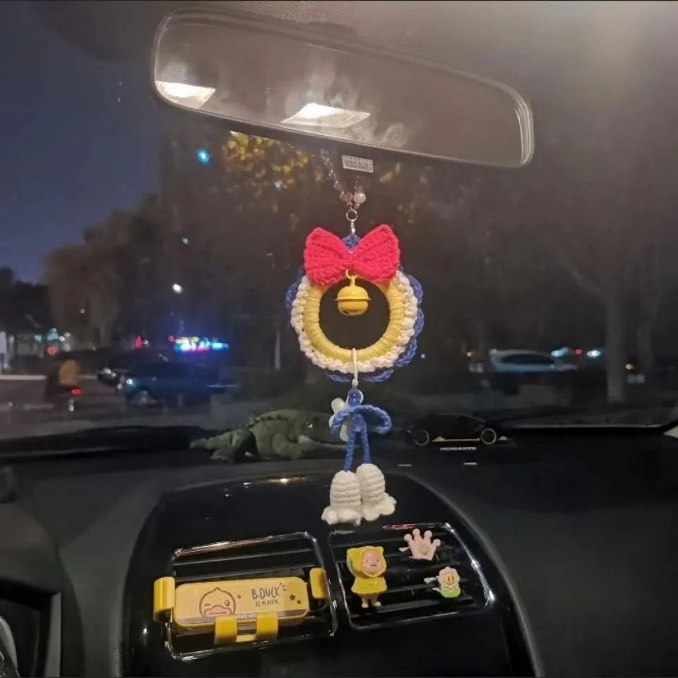 Handmade yarn weaving car hanging decoration in Snow White plush with pendant design
