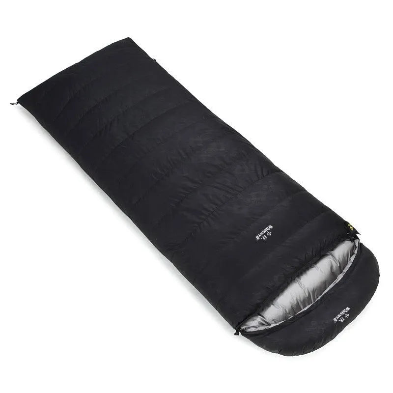 Black outdoor sleeping bag with envelope design, shown with options for goose down or velvet insulation weights.