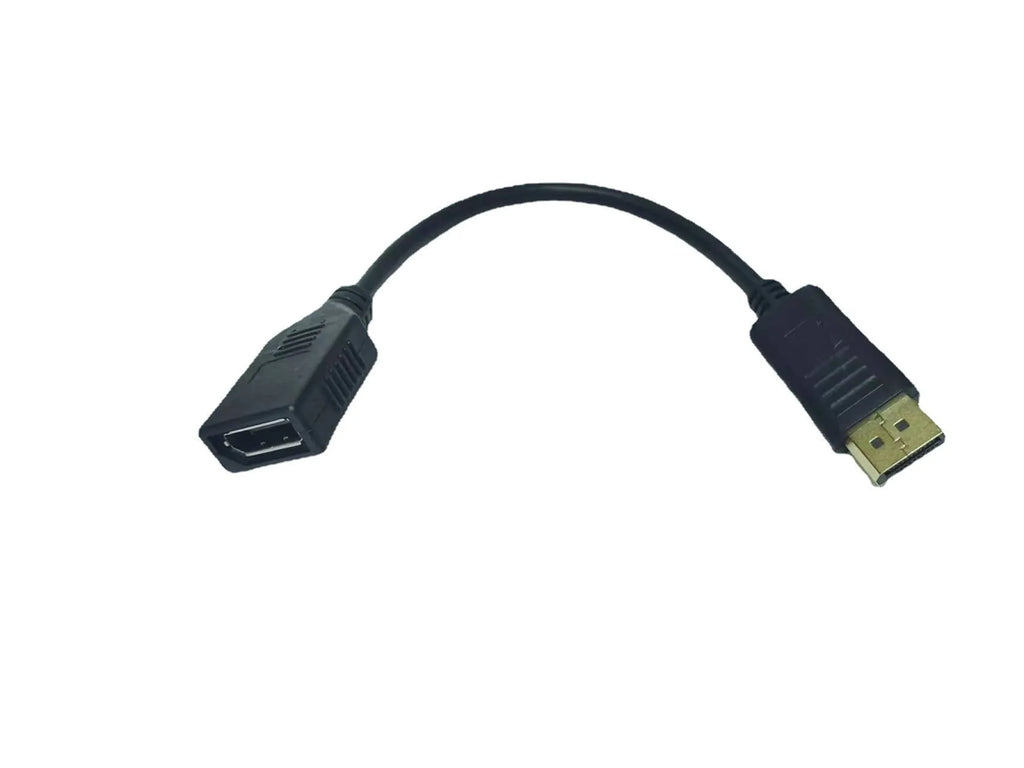 Black DisplayPort DP male to female extension cable with rotating connector, approximately 10cm long
