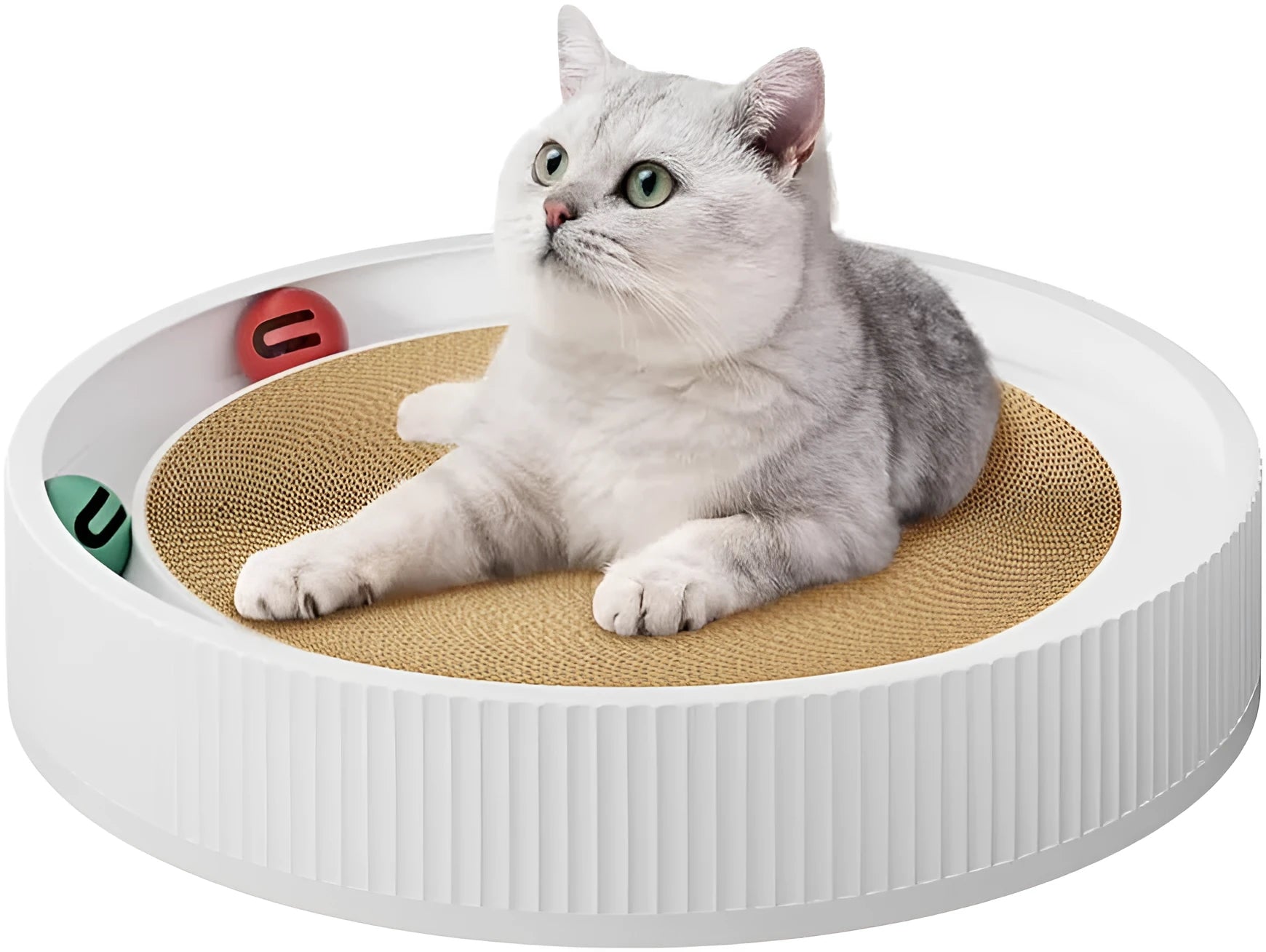 Large circular green cat scratching board with built-in ball toys and a replaceable cardboard core.