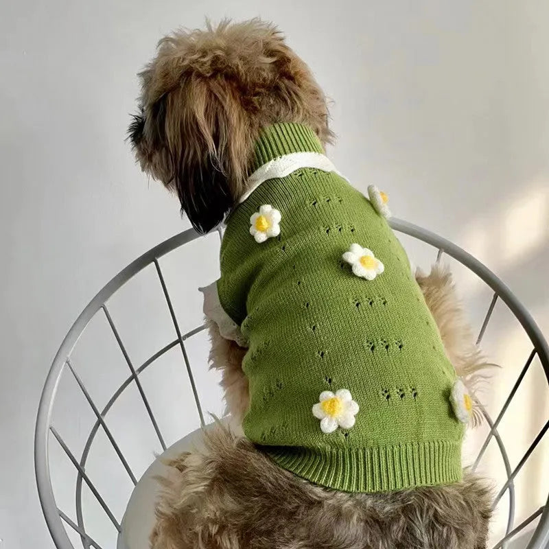 Flower blossom pattern knit sweater for dogs and cats in green or pink colours