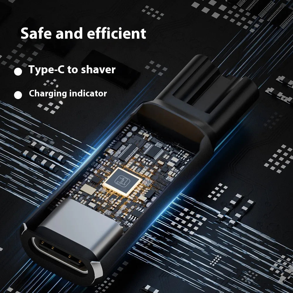 Black and grey aluminium USB-C charging adapter for electric shavers with 4.3V 8W output.